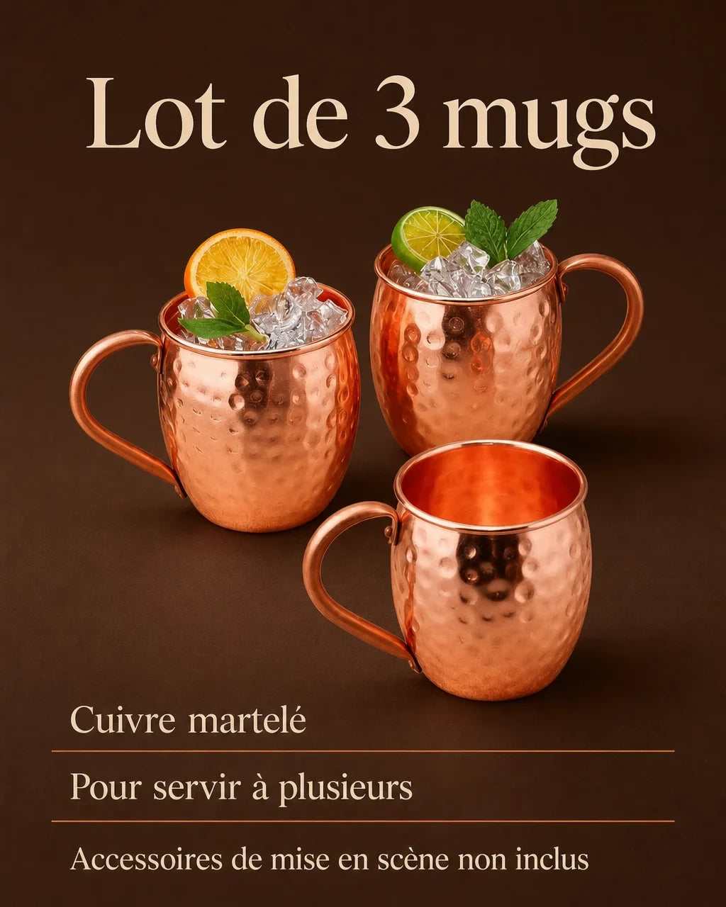 [Scale AI] benefits_list — Lot de 3 mugs Moscow Mule en cuivre martelé
