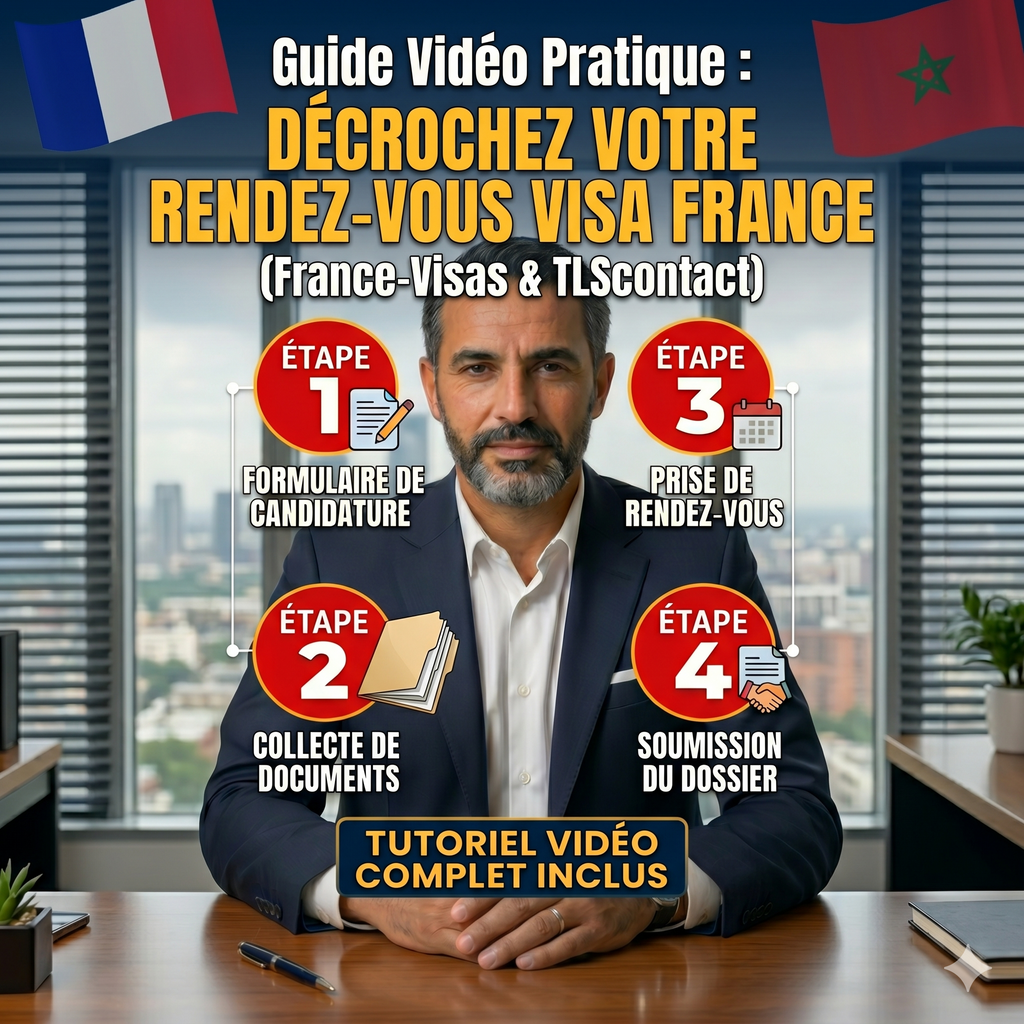 Couverture du guide vidéo pratique pour obtenir un rendez-vous visa France au Maroc. Un conseiller professionnel présente les étapes pour se connecter à TLScontact Maroc, réserver un rendez-vous TLScontact Casablanca, et suivre sa demande de visa TLS Contact France.