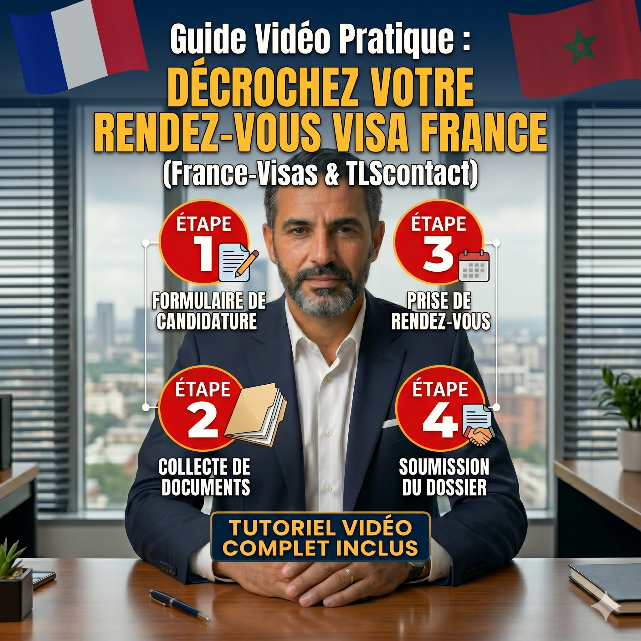 Couverture du guide vidéo pratique pour obtenir un rendez-vous visa France au Maroc. Un conseiller professionnel présente les étapes pour se connecter à TLScontact Maroc, réserver un rendez-vous TLScontact Casablanca, et suivre sa demande de visa TLS Contact France.