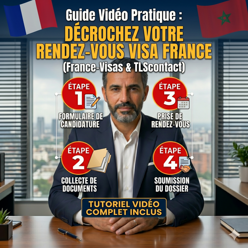 Couverture du guide vidéo pratique pour obtenir un rendez-vous visa France au Maroc. Un conseiller professionnel présente les étapes pour se connecter à TLScontact Maroc, réserver un rendez-vous TLScontact Casablanca, et suivre sa demande de visa TLS Contact France.